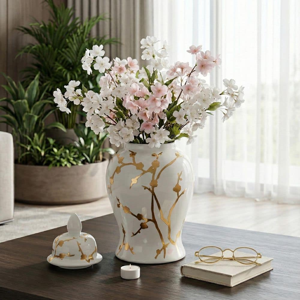 ☆値下げ☆ジョアン・アイザック　Pear Blossom Vase Liv & Skye 14 in. White and Gold Ceramic Cherry Blossom Temple Jar