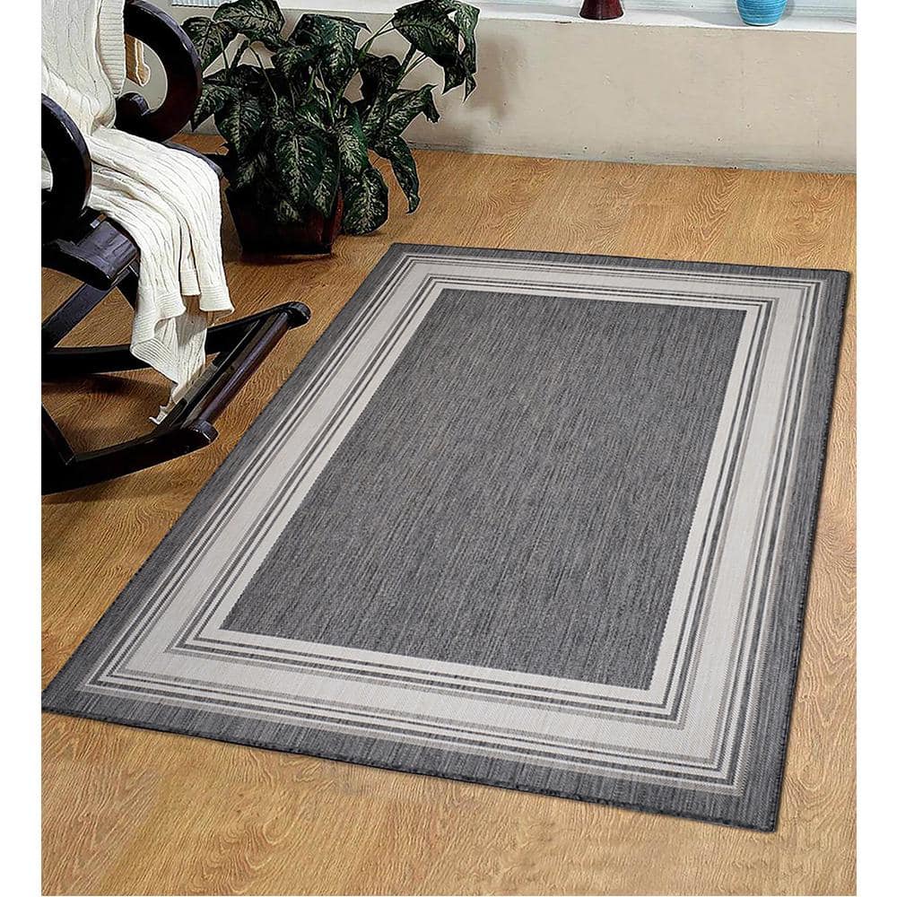 Gray and Cream Geometric Flat Woven Indoor Outdoor Rug