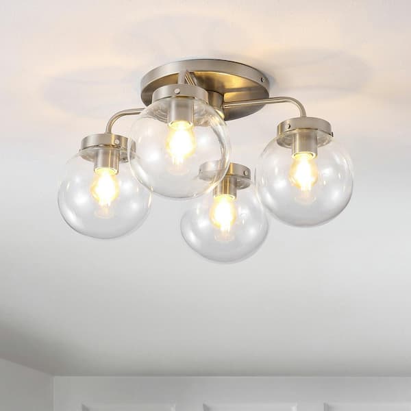 JONATHAN Y Piper 18 in. Nickel/Clear 4-Light Farmhouse Rustic Iron/Glass LED Semi Flush Mount