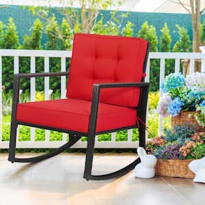 Black Wicker Rattan Outdoor Rocking Chair with Red Cushions