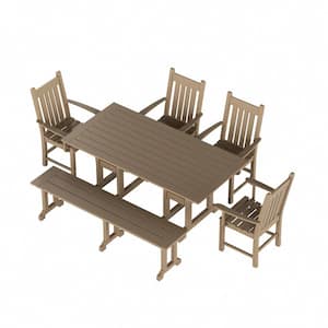 Hayes 6-Piece HDPE Plastic Outdoor Patio Rectangle Table Dining Set with Bench and Armchairs in Weathered Wood