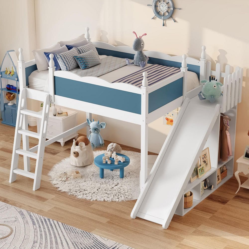 White/Blue Full Loft Bed with Storage Shelves and Wardrobe, Detachable Slide and Ladders price history on PriceWatchPro