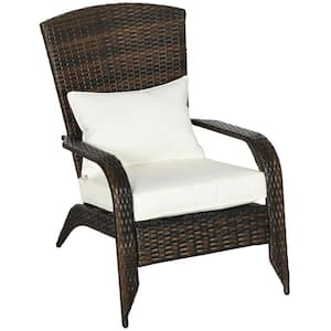Brown Wicker Adirondack Chair with Beige Cushions, Tall Curved Backrest and Comfortable Armrests