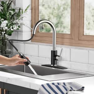 Single Handle Pull Down Sprayer Kitchen Sink Faucet with Deckplate 3-Spray Mode High-Arc Spout in Chrome and Black