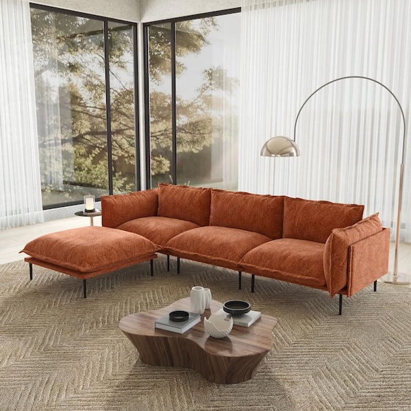 Robot Vacuum Friendly 111 in. Tapered Arm Velvet Modular Sectional Sofa Couch with Ottoman, Metal High Legs in Orange