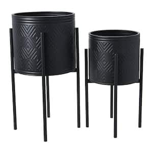 Round Iron Planters with Stand in Black (Set of 2)