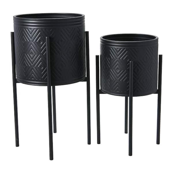 Storied Home Round Iron Planters with Stand in Black (Set of 2)