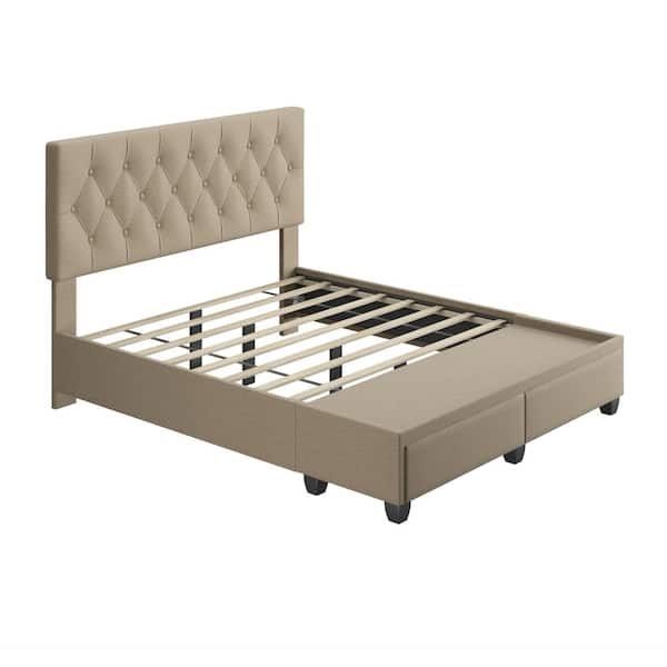 Salerno Linen Upholstered Tufted Platform Storage Bed Frame, Queen, Beige