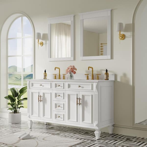 60 in. W x 22 in. D x 35 in. H Double Sink Solid Wood Bath Vanity in White with Stain-Resistant Quartz Top and 2 Mirror