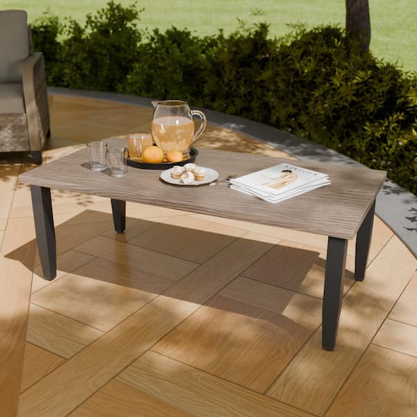 COOS BAY Outdoor Patio Brown Rectangular Metal Outdoor Coffee Table with Wood Grain Top (1-Pack)