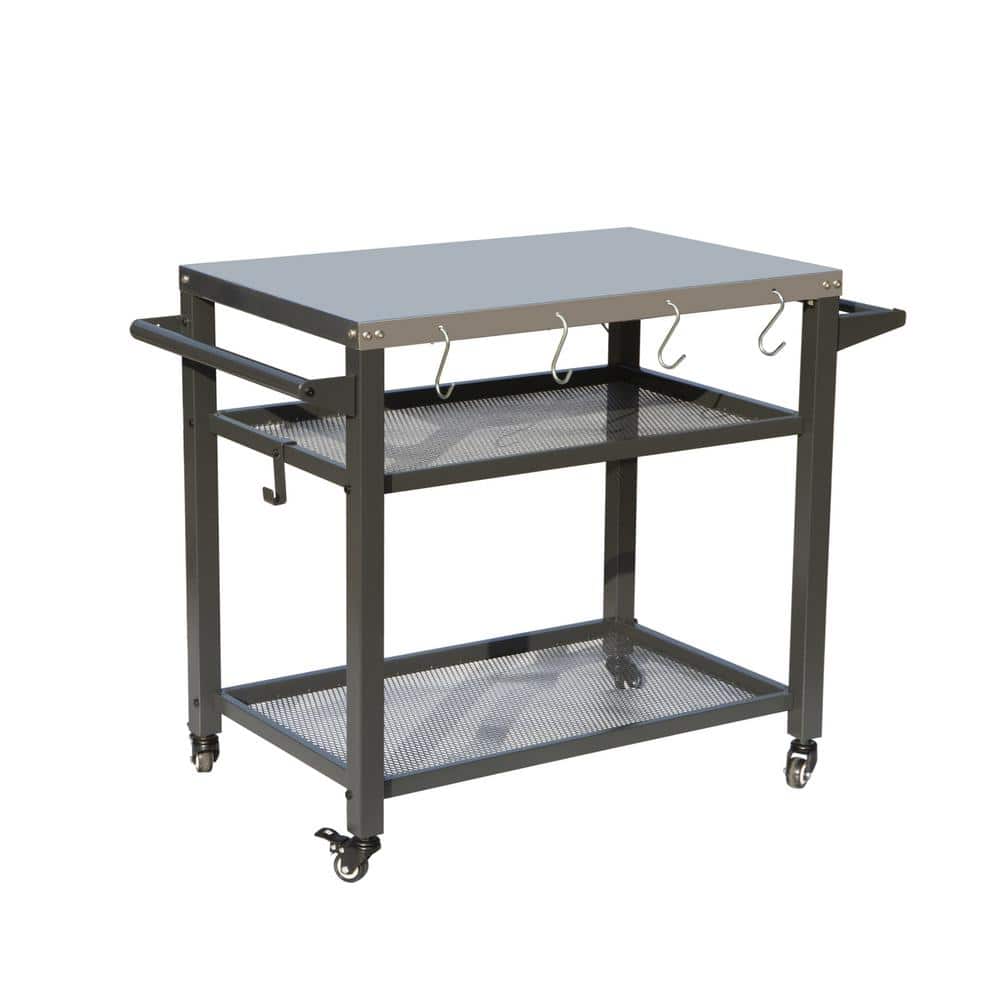 Gray Outdoor Grill Cart W/Wheels/Paper Towel Holder/Propane Tank Hook/Bottl