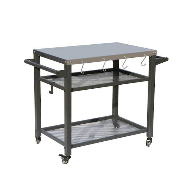 Unbranded Gray Outdoor Grill Cart W/Wheels/Paper Towel Holder/Propane Tank Hook/Bottle Opener/4 Hooks, Stainless-Steel Countertop
