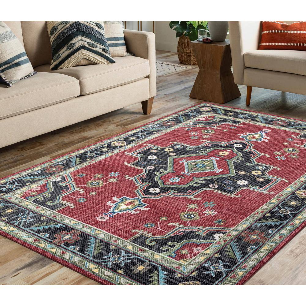 Heriz Medallion Red and Black Synthetic 5' x 7' Area Rug