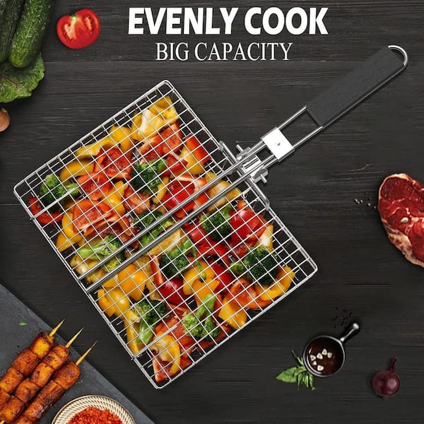 Heavy Duty 304-Stainless Steel Grill Basket Non-Stick Evenly Cook Veggies, Seafood, Meat, Rust-Resistant and Easy Clean