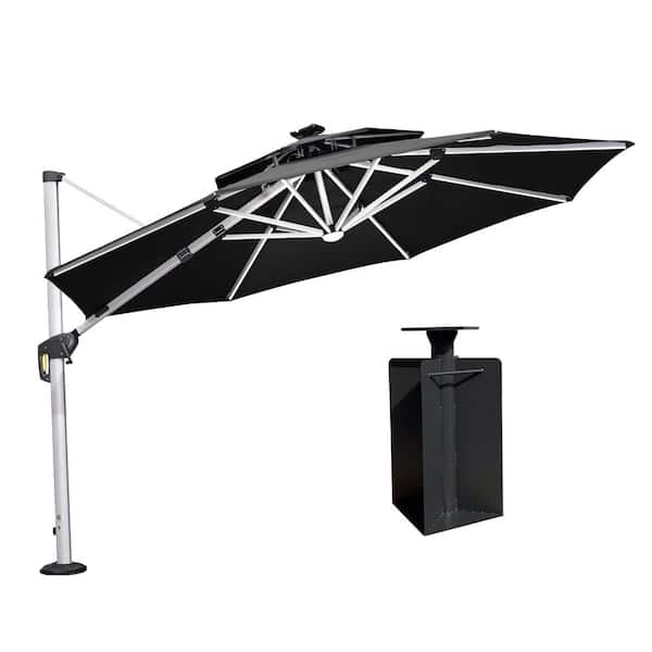 PURPLE LEAF 11 ft. Octagon Aluminum Solar Powered LED Patio Cantilever Offset Umbrella with Base in Ground, Black