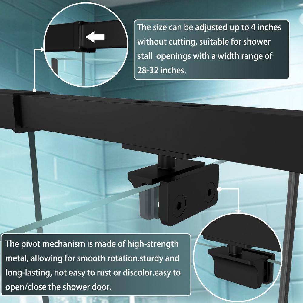 32 in. Matte Black Semi-Frameless Pivot Shower Door with Clear Glass