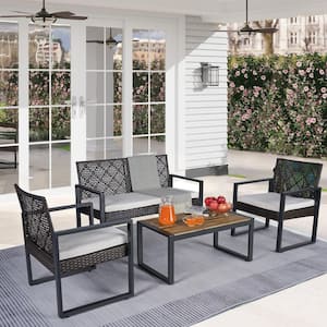 4-Piece Wicker Patio Furniture Set with Acacia Wood Tabletop and Beige Cushion for Balcony Porch Garden Backyard