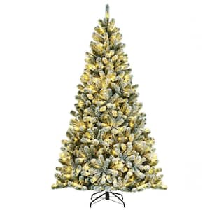 7 ft. Green Pre-Lit Snow Flocked Hinged Artificial Christmas Tree with Metal Stand