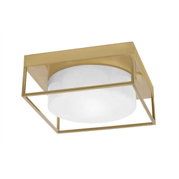 Unbranded Ashland 12 in. 2 Light New Age Brass Flush Mount with White Marble Glass Shade No Bulbs Included