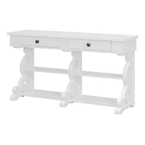 54.10 in. W x 16.00 in. D x 29.80 in. H White Linen Cabinet Console Table with Ample Storage, Open Shelves and Drawers