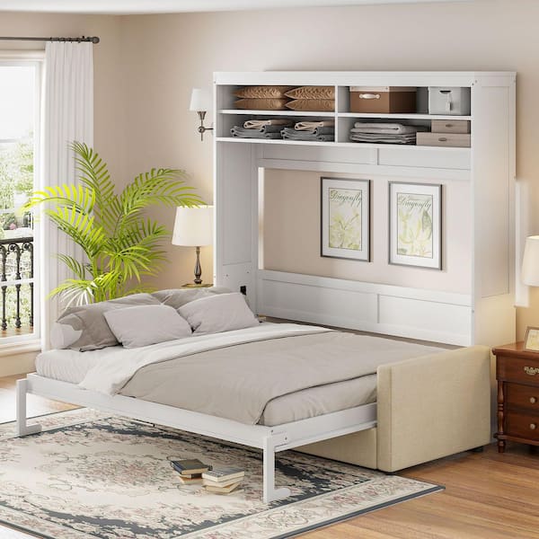 White Wood Frame Queen Size Murphy Bed with Sofa