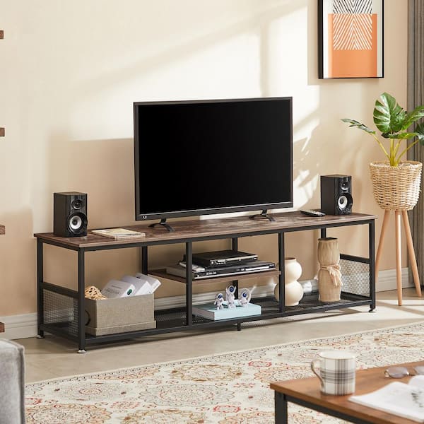 VECELO Industrial TV Stand for Televisions up to 70 in. 62 in. TV Console with Open Storage Shelves 3-Tiers Console Table Brown