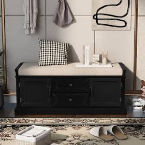 Black Wood Entryway Storage Cushioned Shoe Bench Organizer 42.5"L x 15.9"W x 17.5"H with 2 Drawers and 2 Cabinets