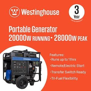28,000/20,000-Watt Remote Tri-Fuel Gas, Propane, Natural Gas Powered Portable Generator with Electric Start