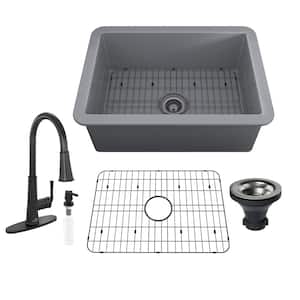All-in-one Matte Gray Fireclay 27 in. Single Bowl Undermount Kitchen Sink with Infrared Sensor Faucet and Accessories