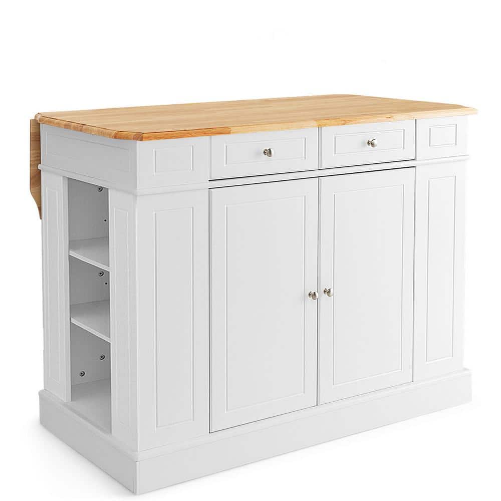 ANGELES HOME 47 in. White Rubber Wood Kitchen Island with Storage and 3