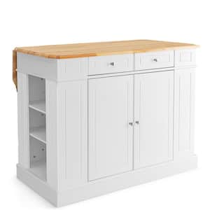 47 in. White Rubber Wood Kitchen Island with Storage and 3-Level Adjustable
