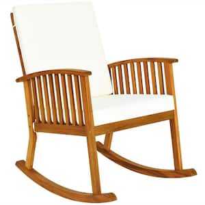 Wooden Patio Outdoor Rocking Chair Lawn Garden with Armrest Beige Cushion