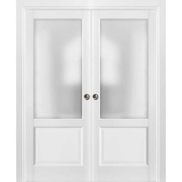 84 in. x 80 in. 2 Panel White Finished Solid Wood Sliding Door with Hardware