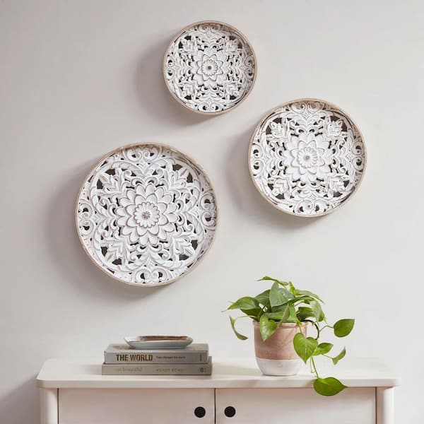 TUKTUK Bulda 13.75 in. x 9.75 in. White Handmade Carved Art Wall Decor Wall Sculptur Wooden Wall Art Set of 3