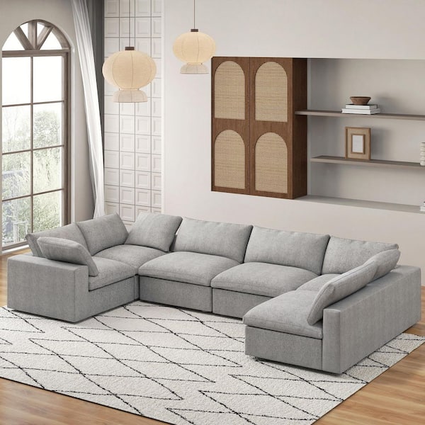157 in. Square Arm 6-Piece Linen U-shaped Sectional Sofa Cloud Couch in Gray with Storage Ottomans