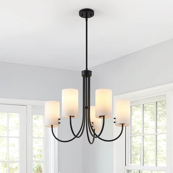 5-Light Painted Black Outdoor Chandelier with White Ribbed Glass Shades