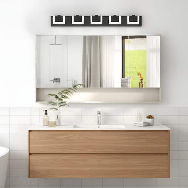 37.8 in. 5-Light LED Modern Black Bathroom Vanity Light with Dimmable 6000K Light