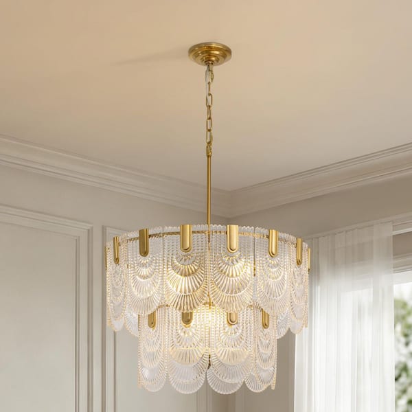 23.6 in. Modern 9-Light Gold Crystal Chandelier Circle Drum Round 2-Tiers Chandelier for Dining Living Room Bedroom