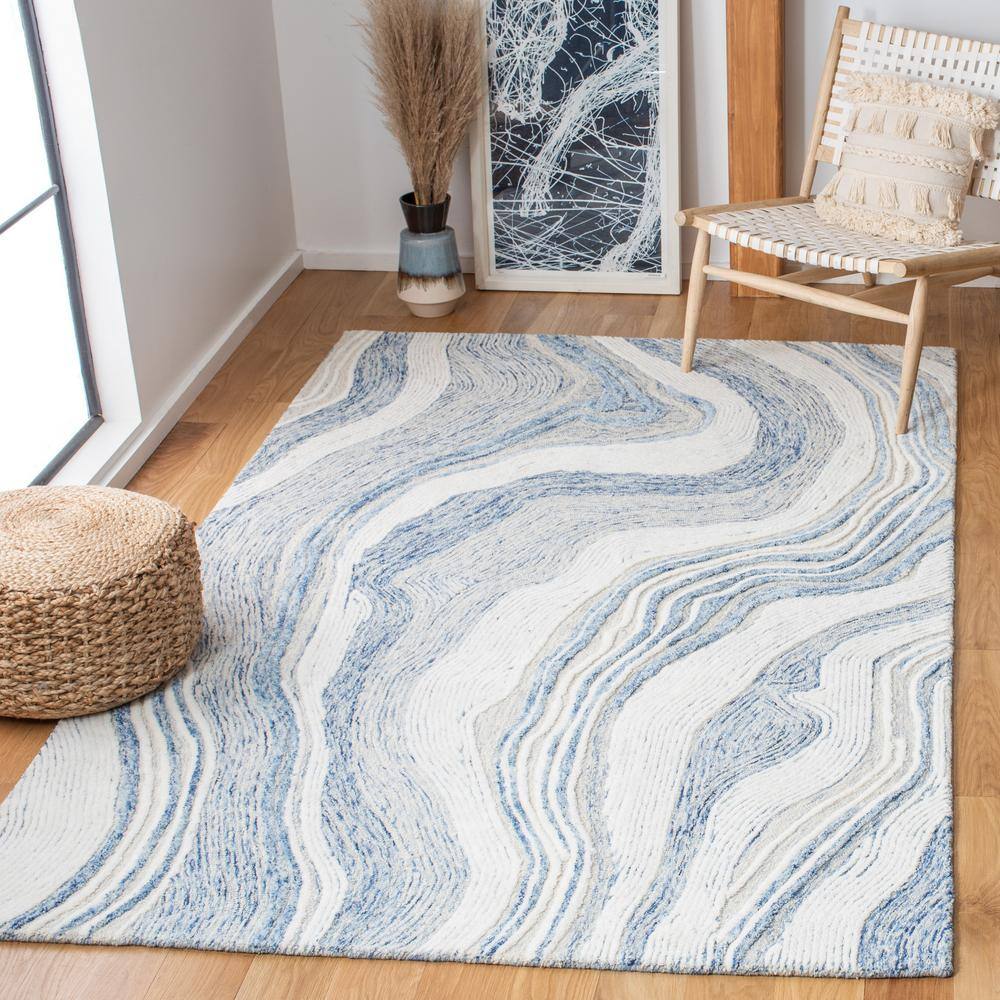 Art Deco Inspired Hand-Tufted Wool Area Rug in Vivid Blue