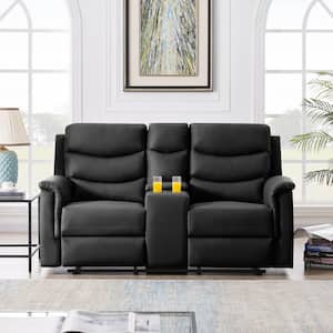 67.7 in. Black PU Leather Motion Recliner 2 Seater Sofa Chair with Console Slate, Cup Holder, Flipped Middle Backrest
