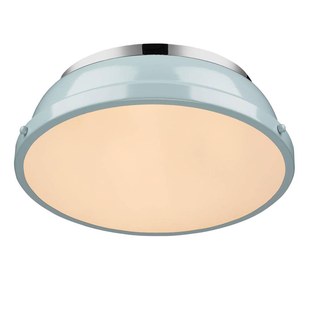 Duncan 14" Transitional Chrome Flush Mount with Seafoam Shade