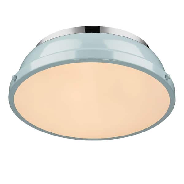 Golden Lighting - Duncan 14 in. 2-Light Chrome Flush Mount with Seafoam Shade