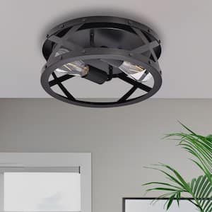 11.81 in.2-Light Matte Black Industrial Flush Mount with Drum Shade and no Bulb Included