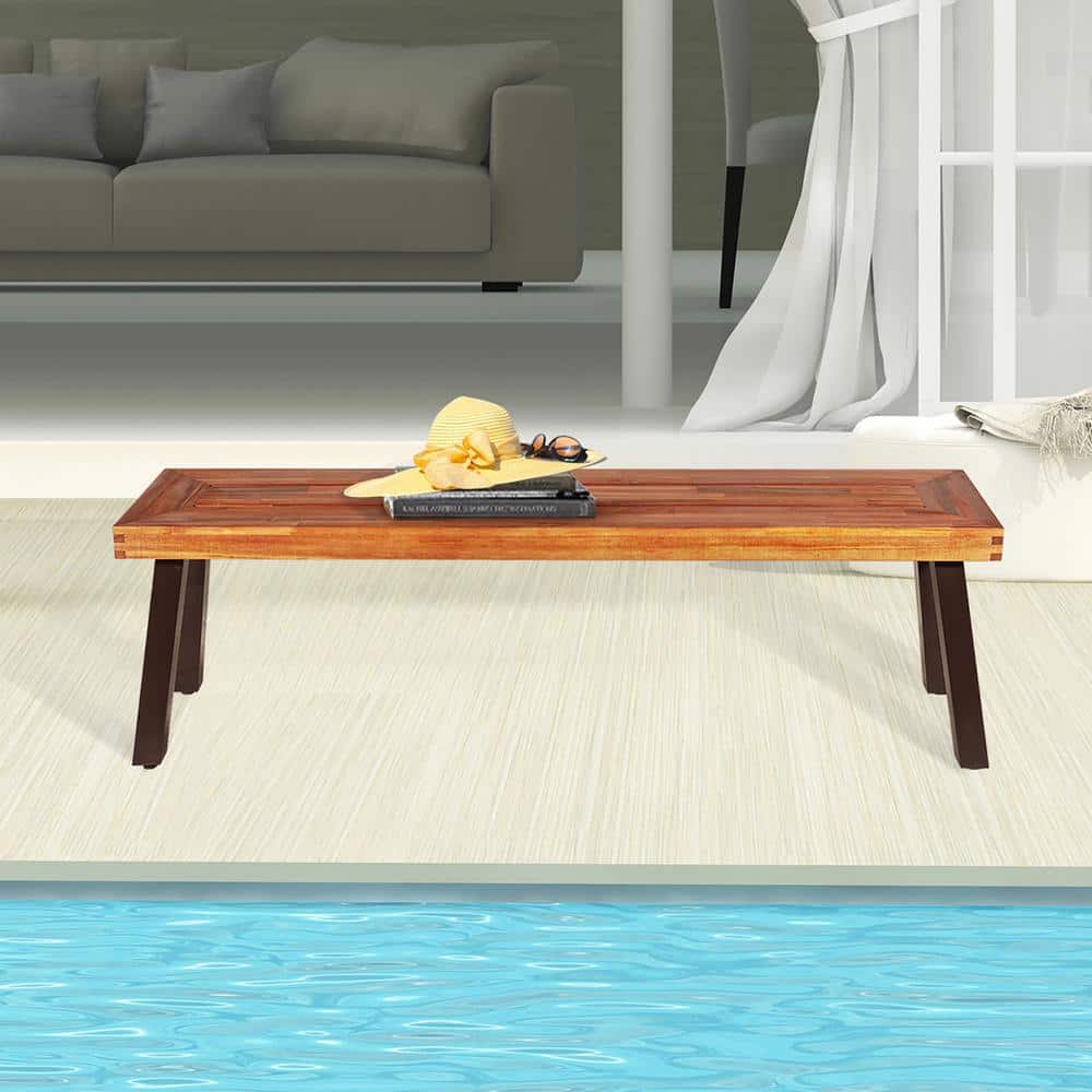 Rustic Dark Brown Acacia Wood Bench with Steel Legs