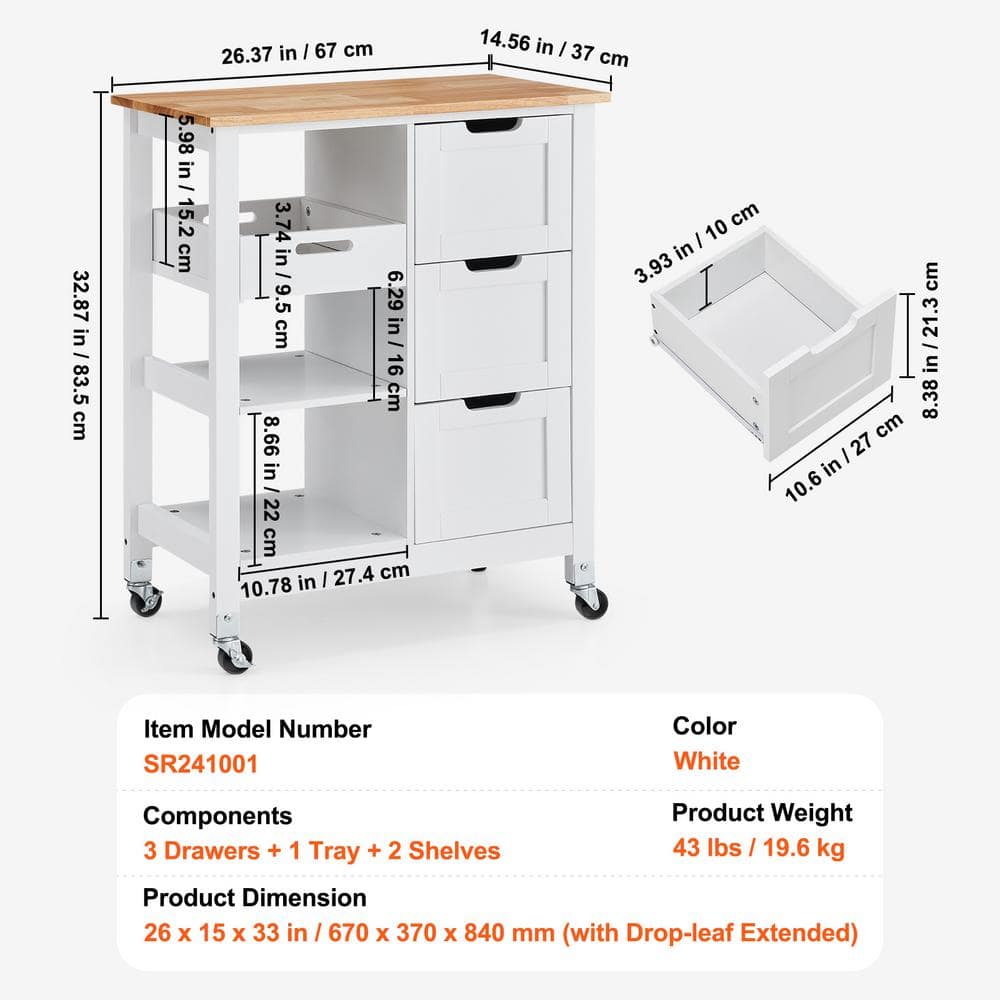 White Wood Kitchen Cart with Spice Rack and Storage