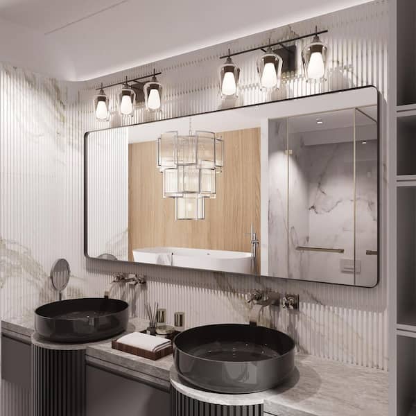 72 in. W x 32 in. H Rounded Rectangle Framed Wall Bathroom Vanity Mirror in Matte Black