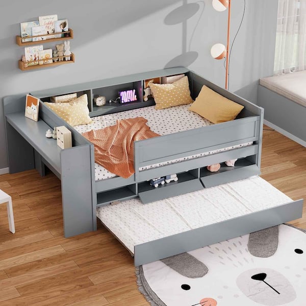 Gray Multi-Functional Twin Daybed with Drawers and Trundle, Headboard Storage and Tables, USB Charging Station