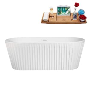 63 in. x 29 in. Acrylic Freestanding Soaking Bathtub in Matte White With Glossy White Drain, Bamboo Tray