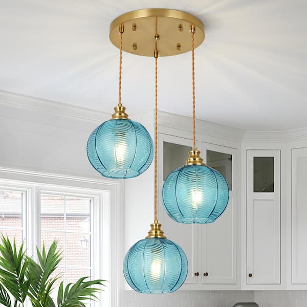 Kinlea 3 Light Blue Cluster Chandeliers with Globe Striped Glass Shape Hanging Pendant Lights with No Bulbs Included