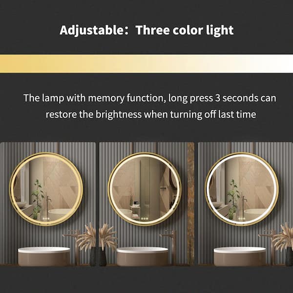 Large Round LED Bathroom Mirror Light Dimmable Anti-Fog Makeup Wall Mirror  Gold